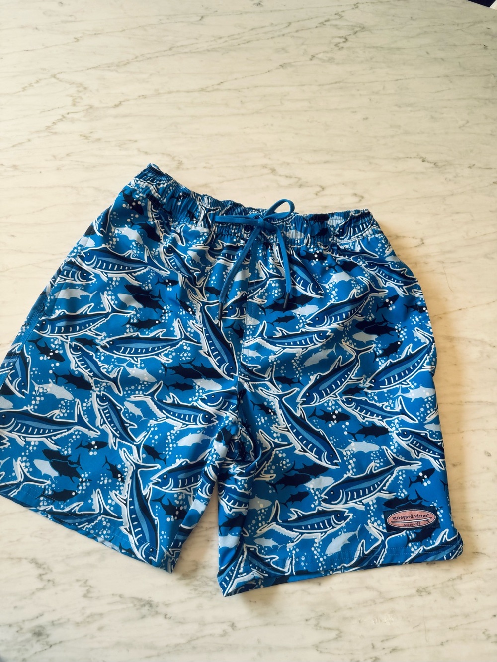 Vineyard Vines Light Blue Shark-Pattern Swim Shorts